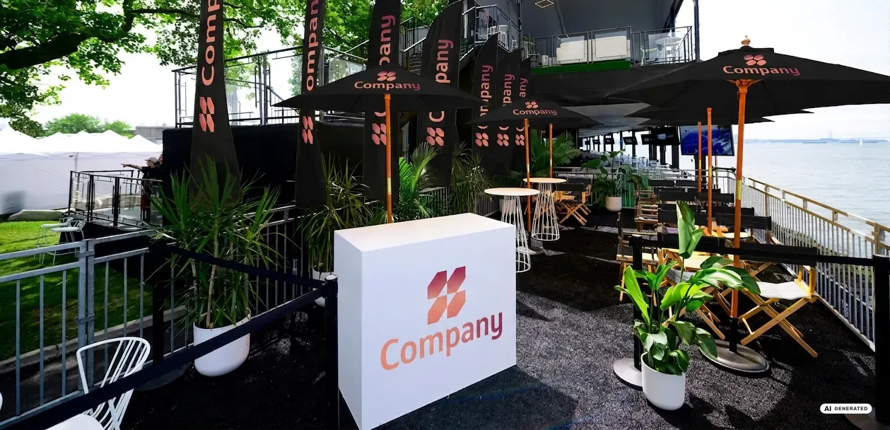 A branded hospitality activation at a waterfront venue, generated in Studio