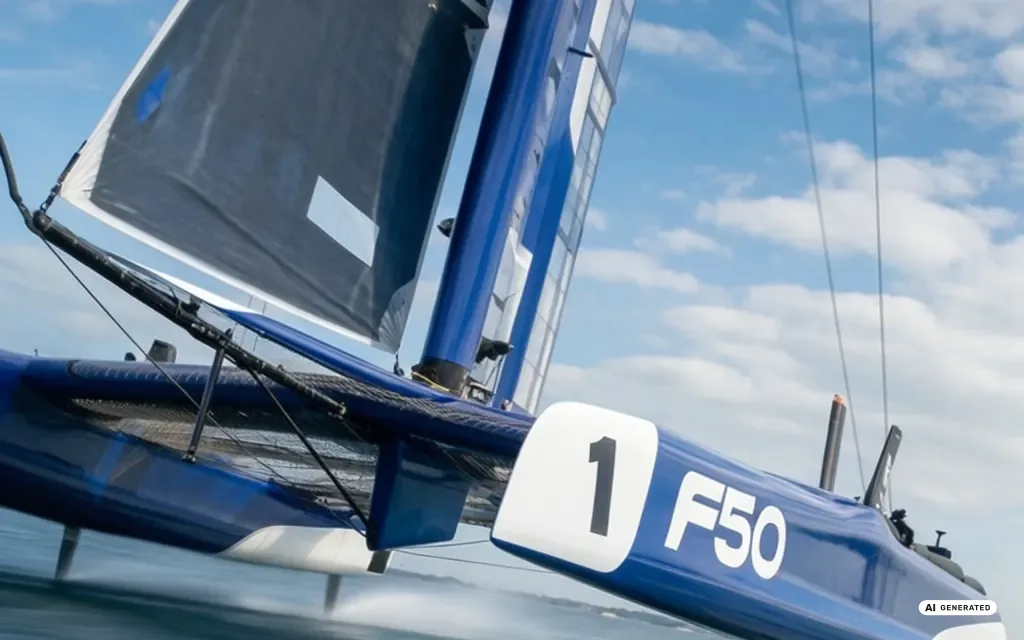 A racing catamaran carrying its existing hull branding